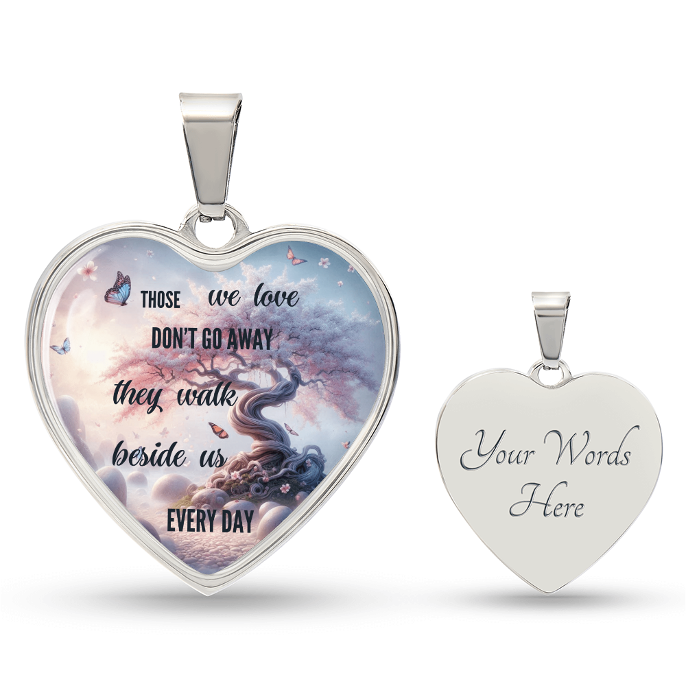 Silver heart-shaped necklace pendant with colorful sky design and memorial quote, back engraved with customizable text slot.