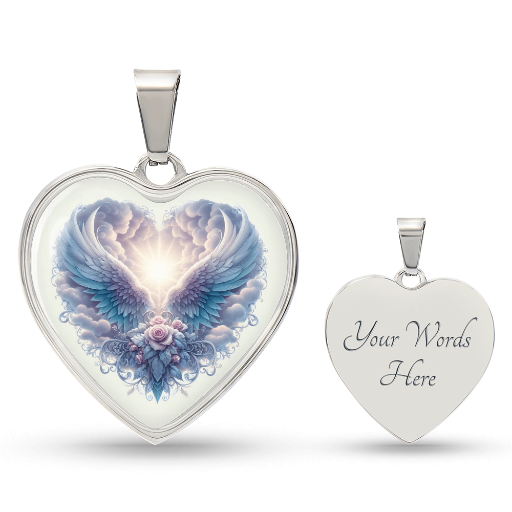 Silver heart-shaped pendant necklace with angel wings and radiant light design.