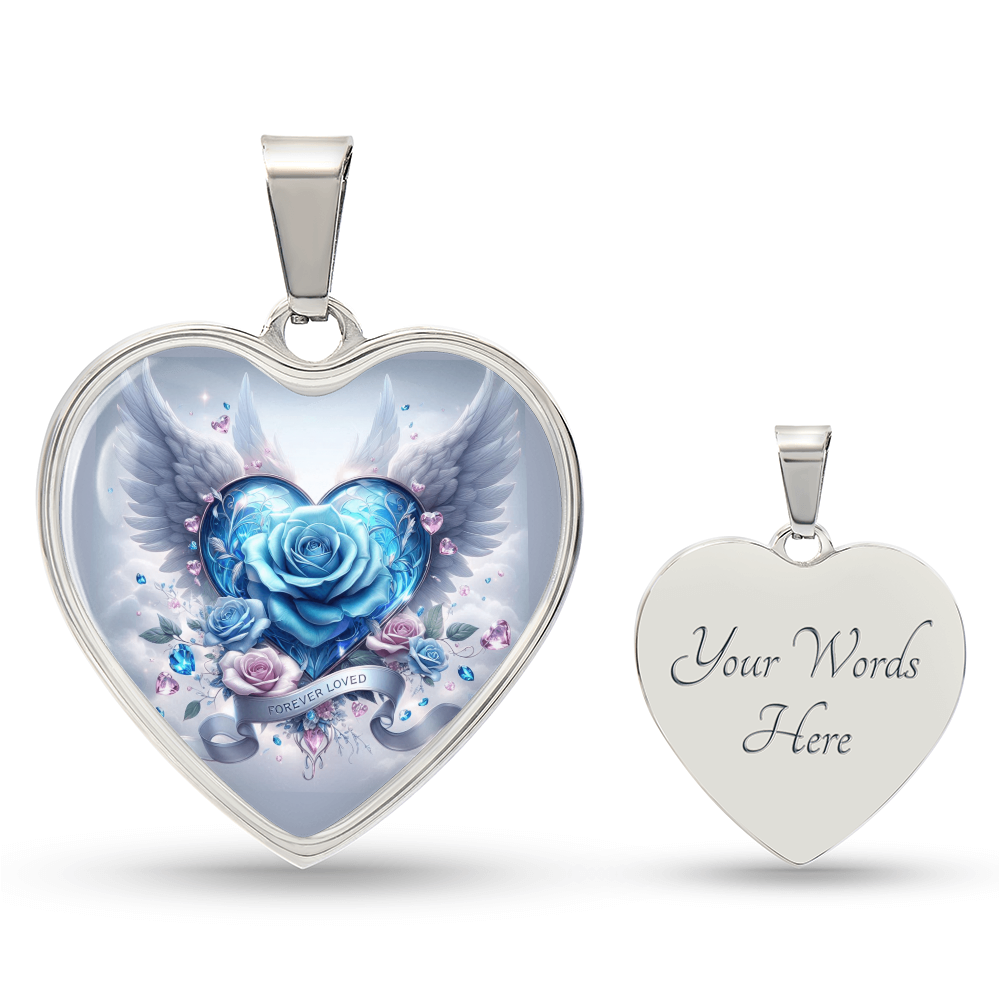 Silver heart pendant necklace with blue graphic heart and angel wings, customizable back engraving.