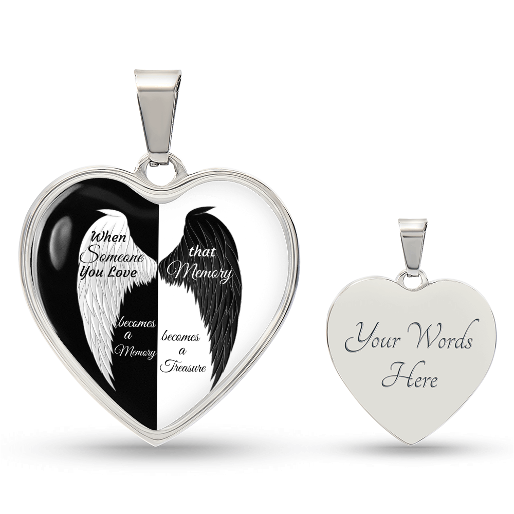 Luxury Graphic Heart Necklace When Someone You love becomes a Memory, black white Angel Wings