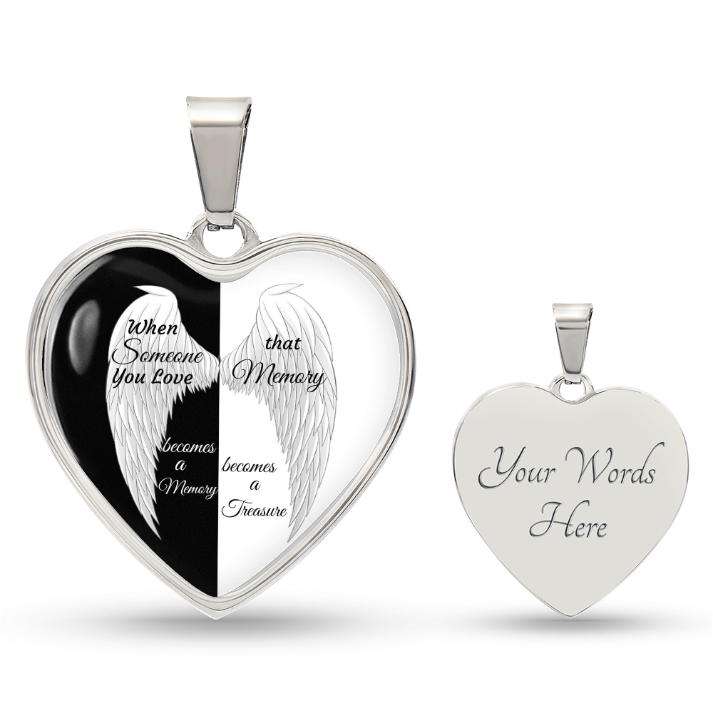 Luxury Graphic Heart Necklace Black and White with White Angel wings