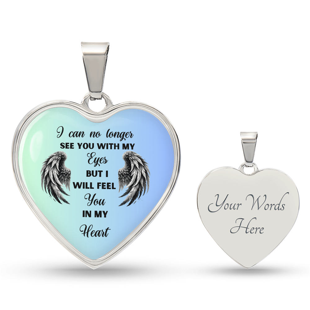 Two heart-shaped pendants, one silver with an angel wings graphic and inscribed poem, the other blank with "Your Words Here" text.