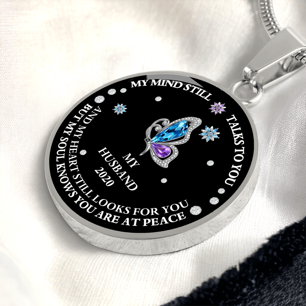 Circle Necklace Husband memorial with Butterfly