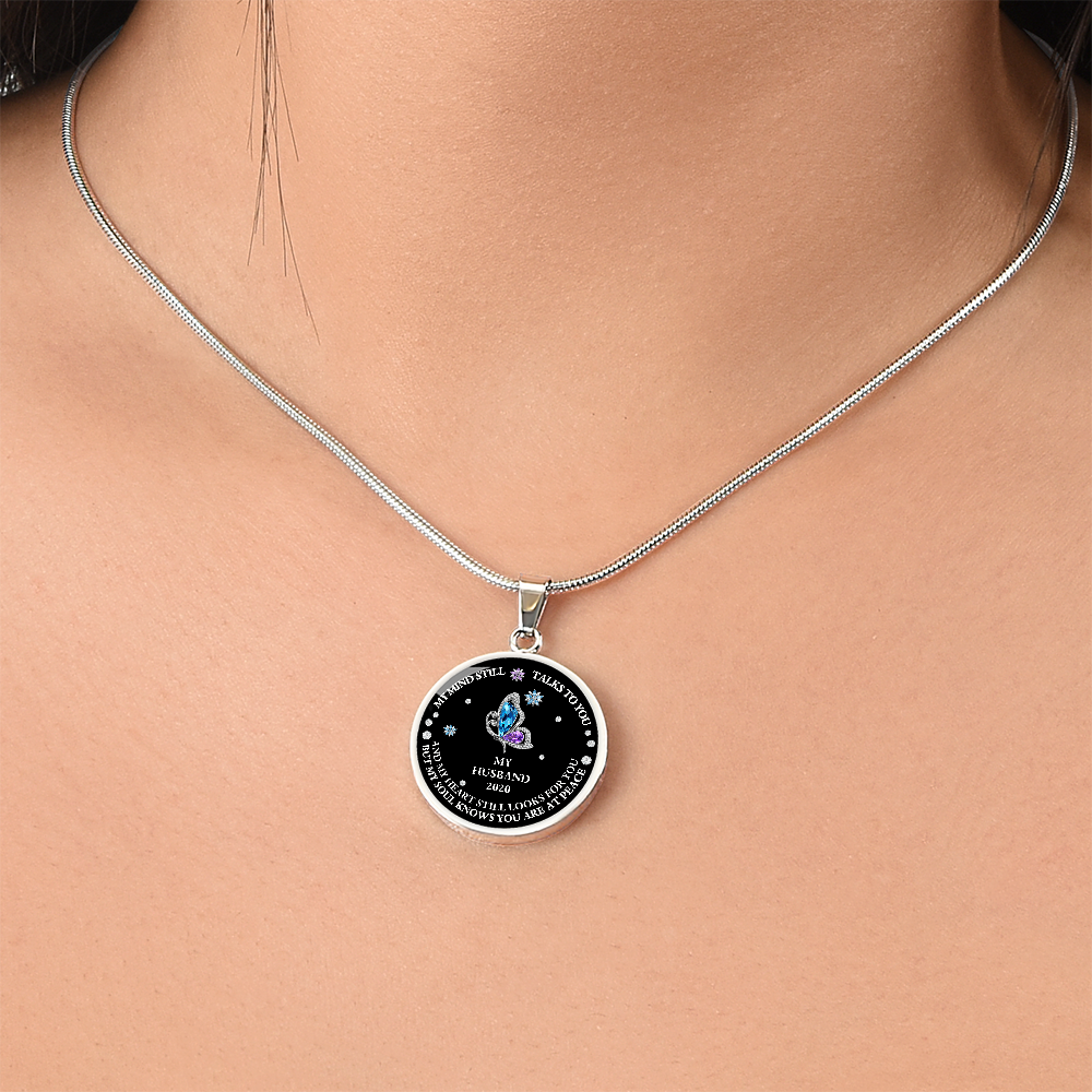 Circle Necklace Husband memorial with Butterfly