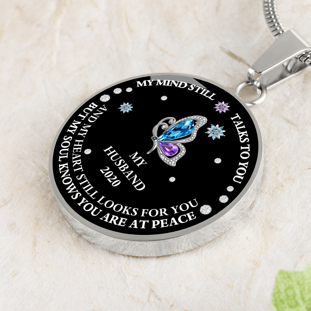 Circle Necklace Husband memorial with Butterfly