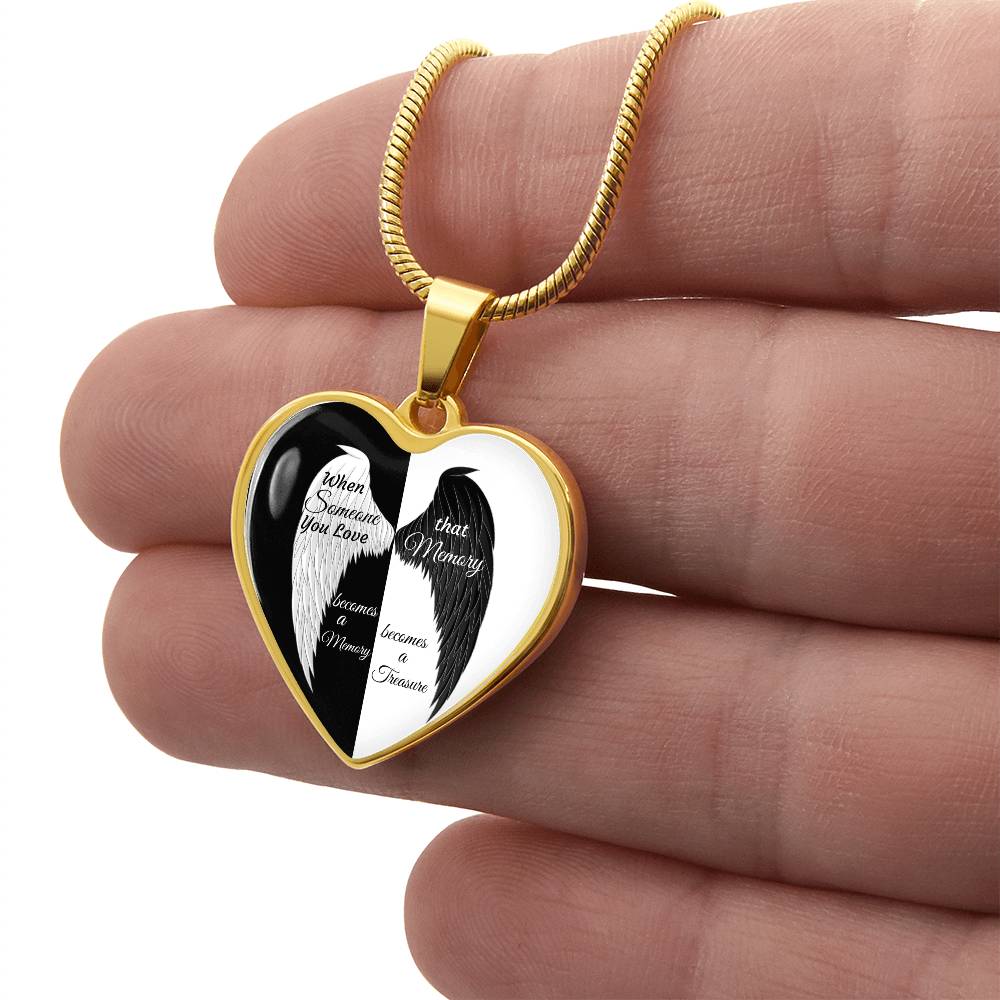 Luxury Graphic Heart Necklace When Someone You love becomes a Memory, black white Angel Wings