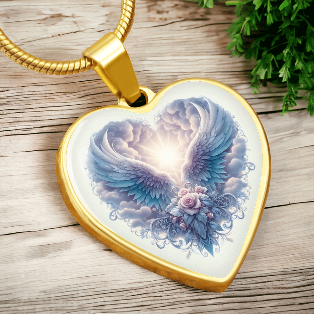 Gold heart-shaped necklace pendant with angel wings, pink roses, and glowing light design.