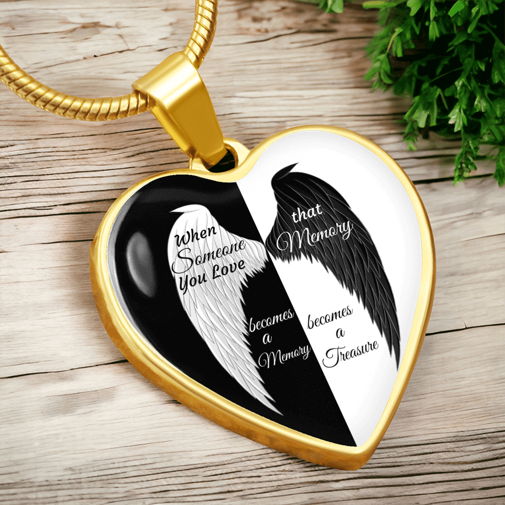 Luxury Graphic Heart Necklace When Someone You love becomes a Memory, black white Angel Wings