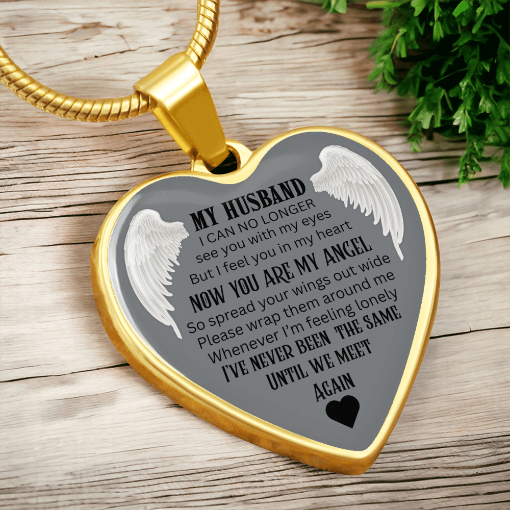 Luxury Graphic Heart Necklace My Husband Until We meet again black letters Angel Wings design