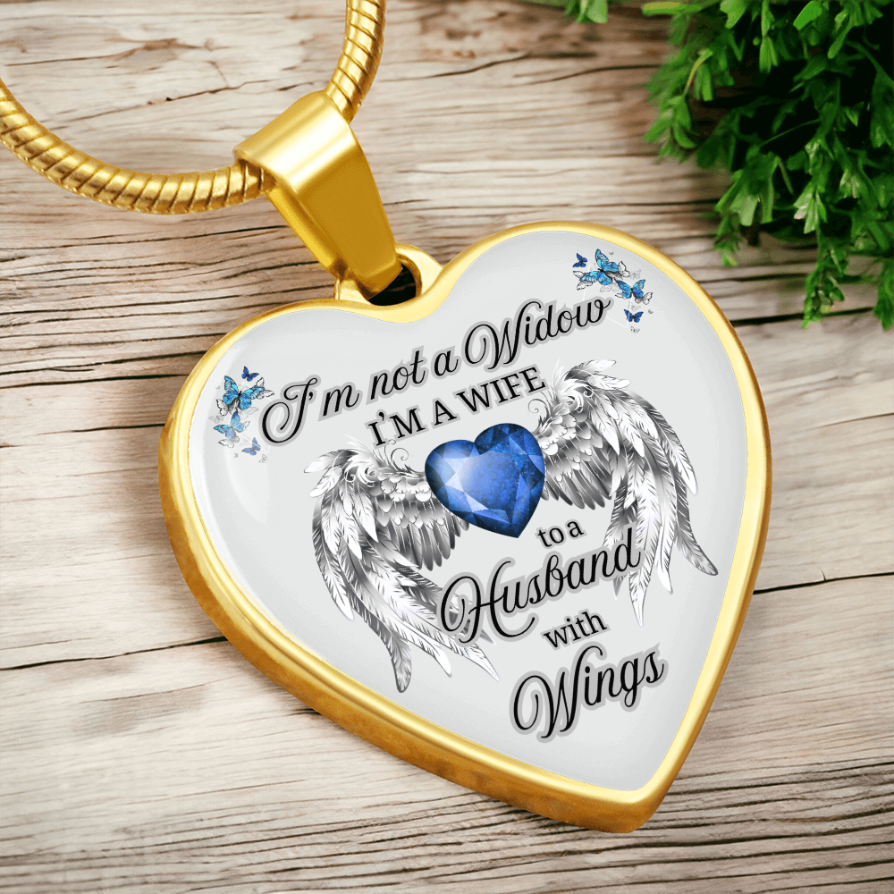 Husband in Heaven Memorial Necklace – “Wife to a Husband with Wings” Heart Pendant Gift
