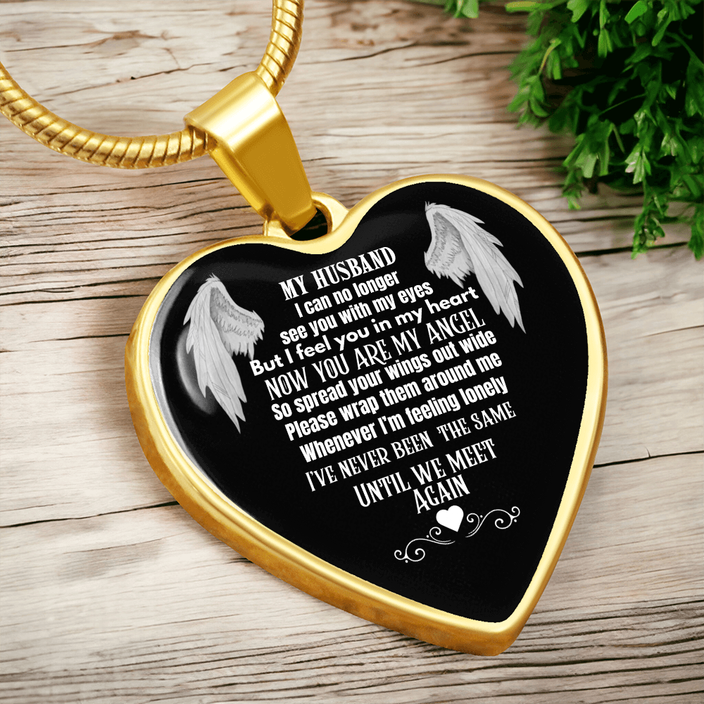 Husband Memorial Heart Pendant Necklace – Angel Memory Keepsake, In Loving Memory Jewelry, Sympathy Gift for Widow