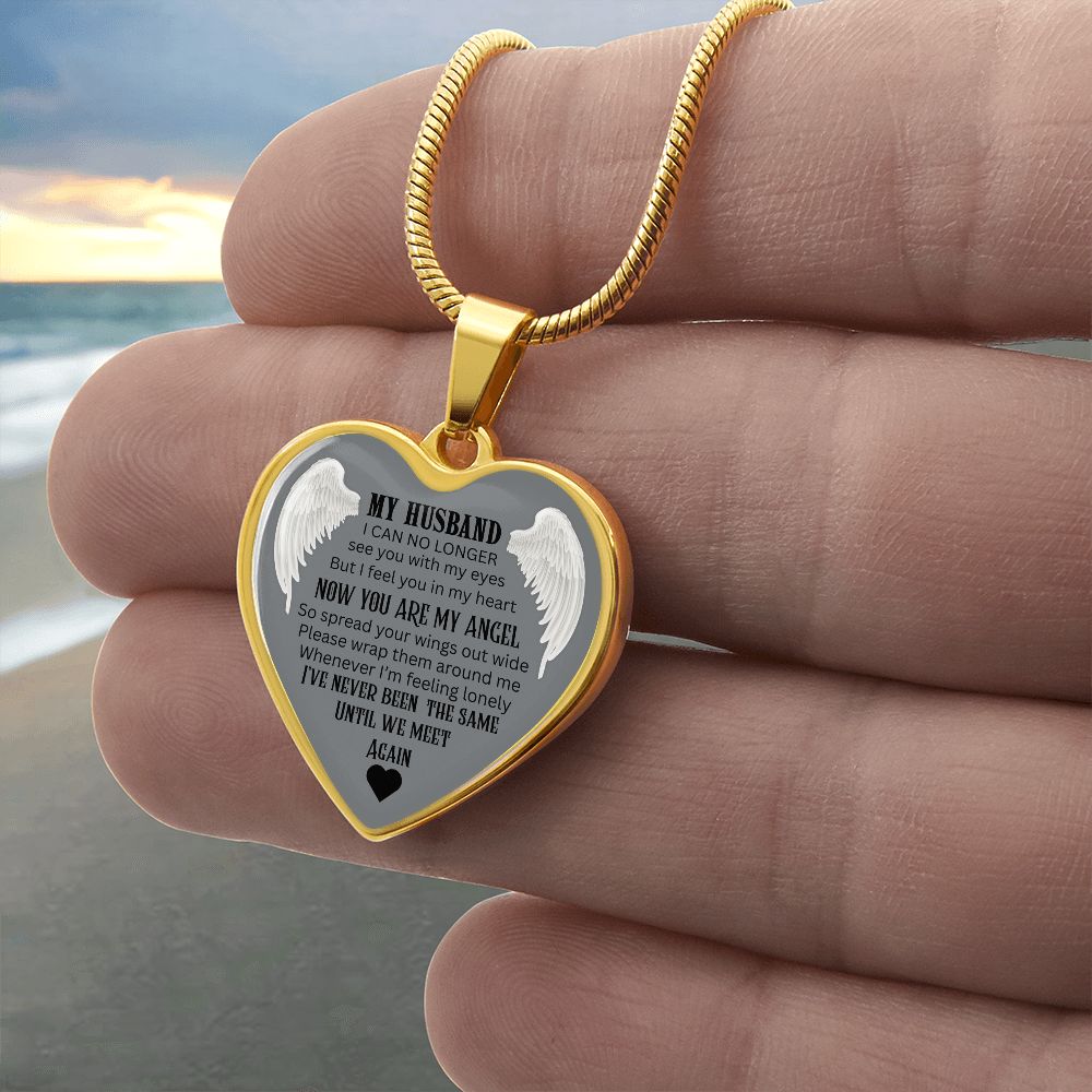 Luxury Graphic Heart Necklace My Husband Until We meet again black letters Angel Wings design