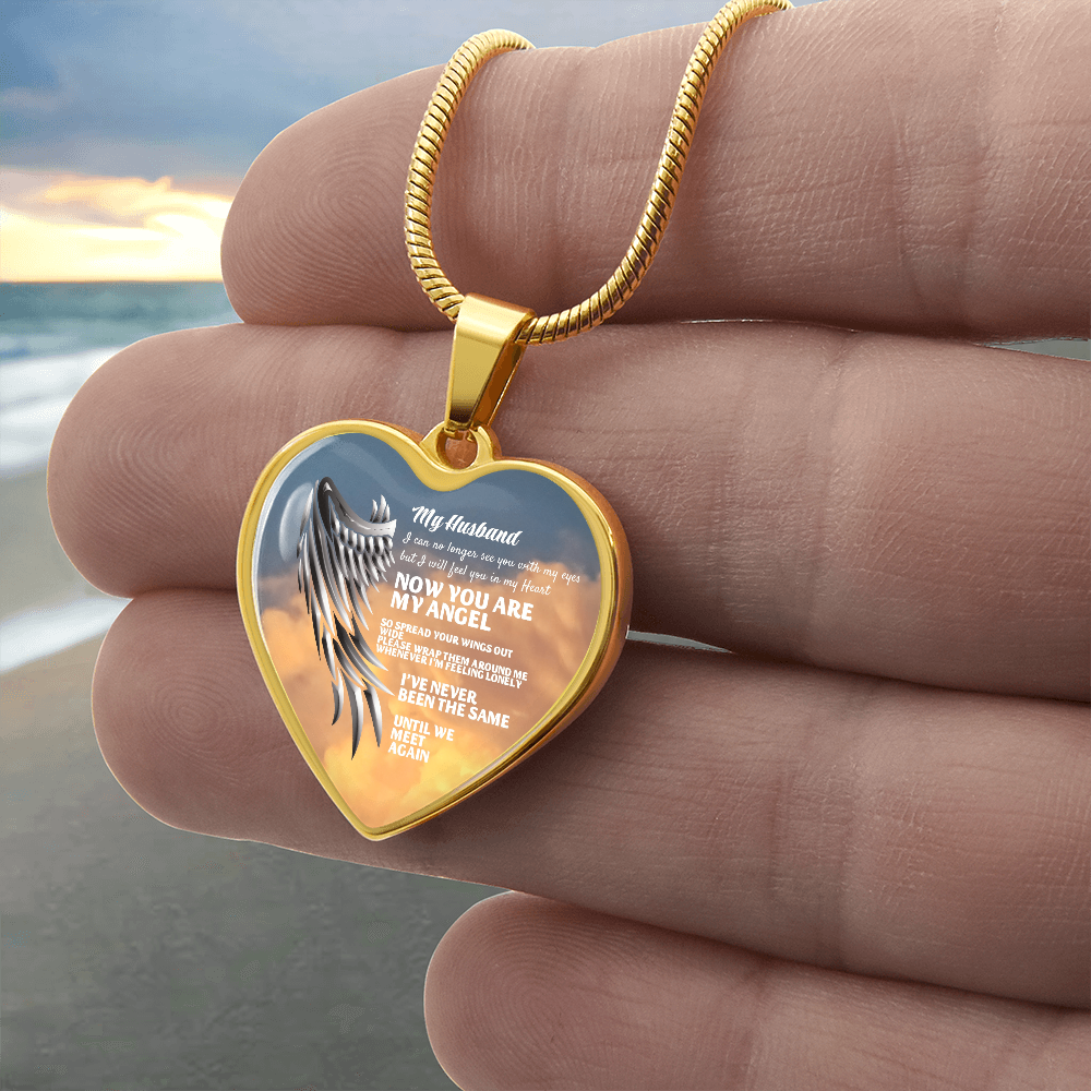 My Husband Now You Are My Angel Necklace, Heart Pendant Tribute, Memorial Jewelry, Keepsake Gift for Wife by ShineOn Fulfillment