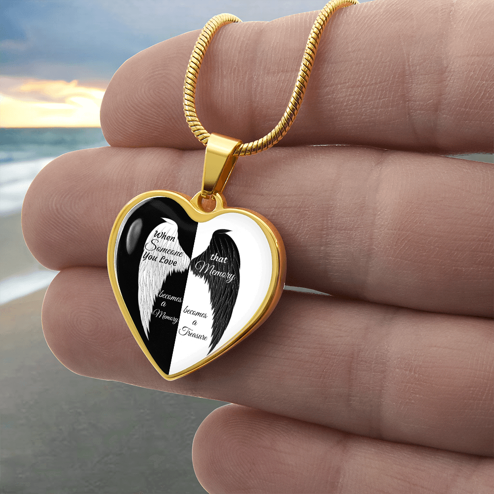 Luxury Graphic Heart Necklace When Someone You love becomes a Memory, black white Angel Wings