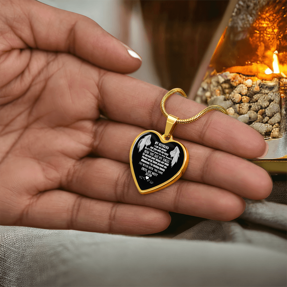 Husband Memorial Heart Pendant Necklace – Angel Memory Keepsake, In Loving Memory Jewelry, Sympathy Gift for Widow