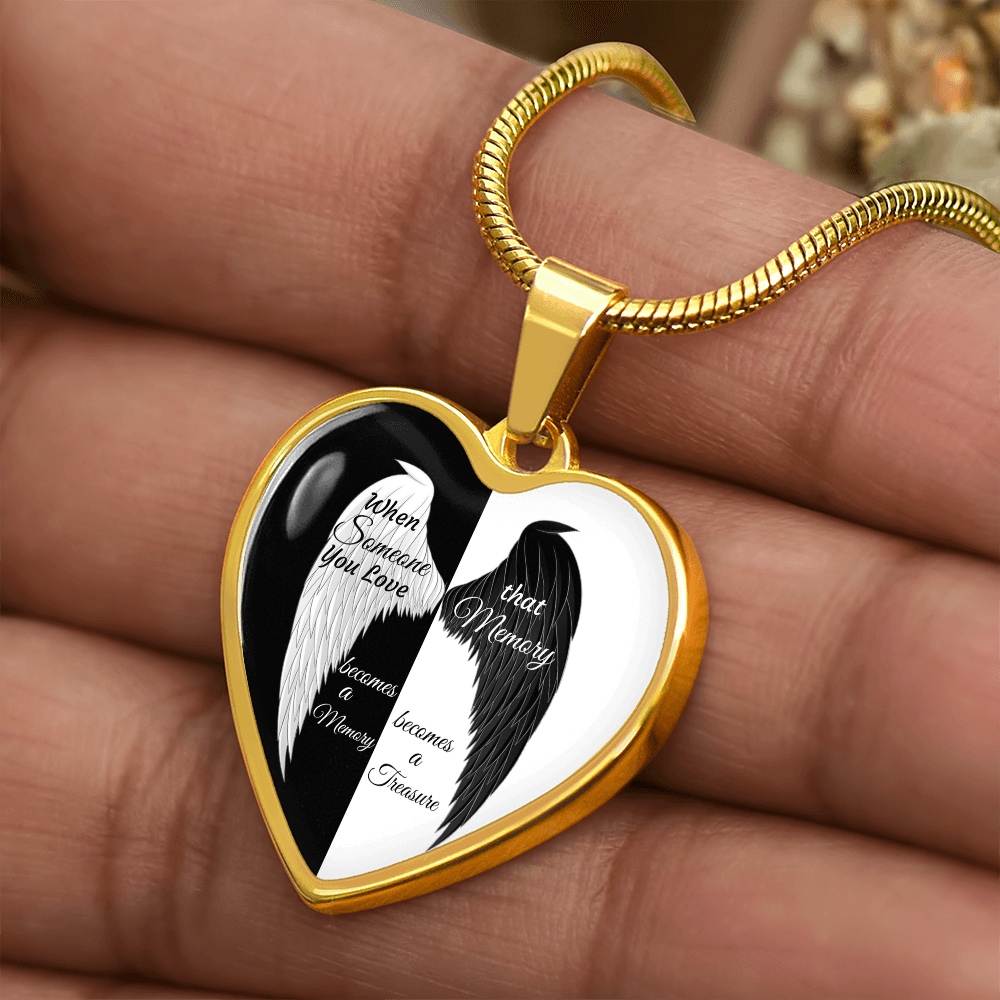 Luxury Graphic Heart Necklace When Someone You love becomes a Memory, black white Angel Wings