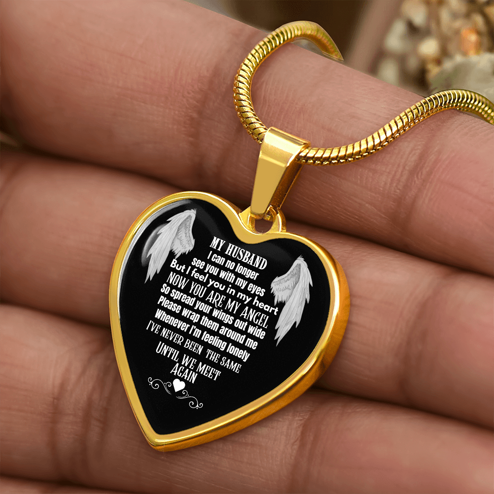 Husband Memorial Heart Pendant Necklace – Angel Memory Keepsake, In Loving Memory Jewelry, Sympathy Gift for Widow