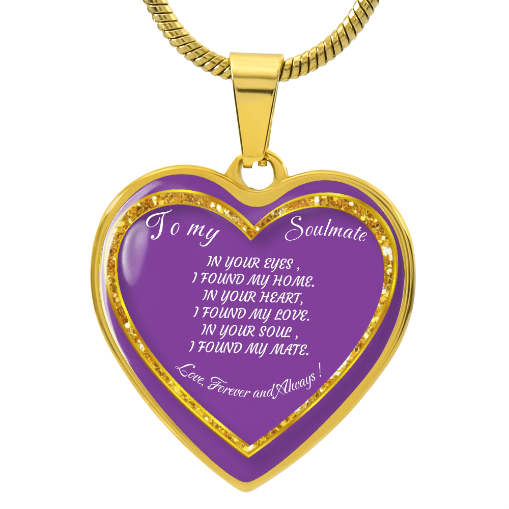 Gold heart necklace with purple background and love message.