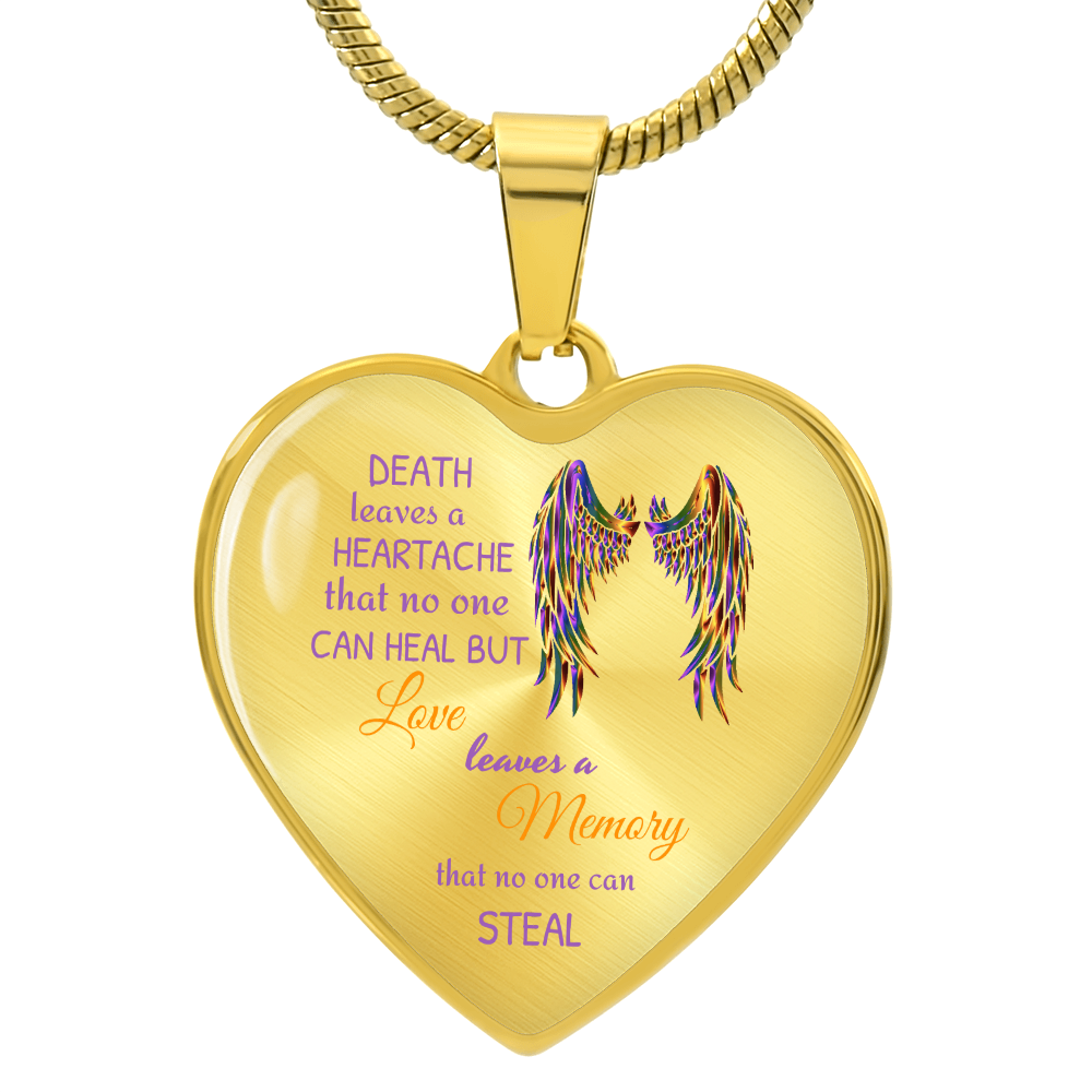 Gold heart-shaped pendant necklace with colorful wings and text.
