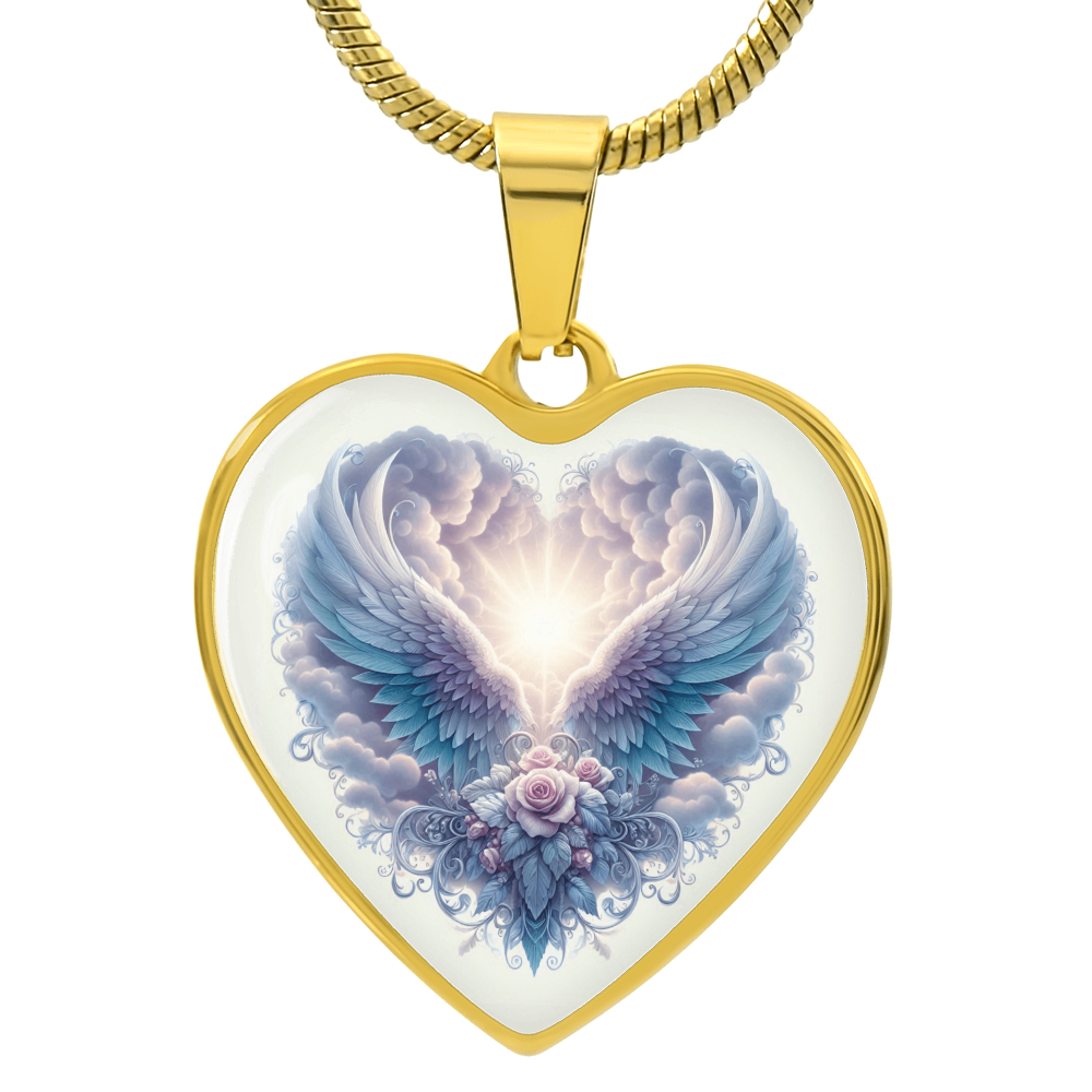 Gold heart-shaped pendant necklace with angel wings and radiant light design on white background.