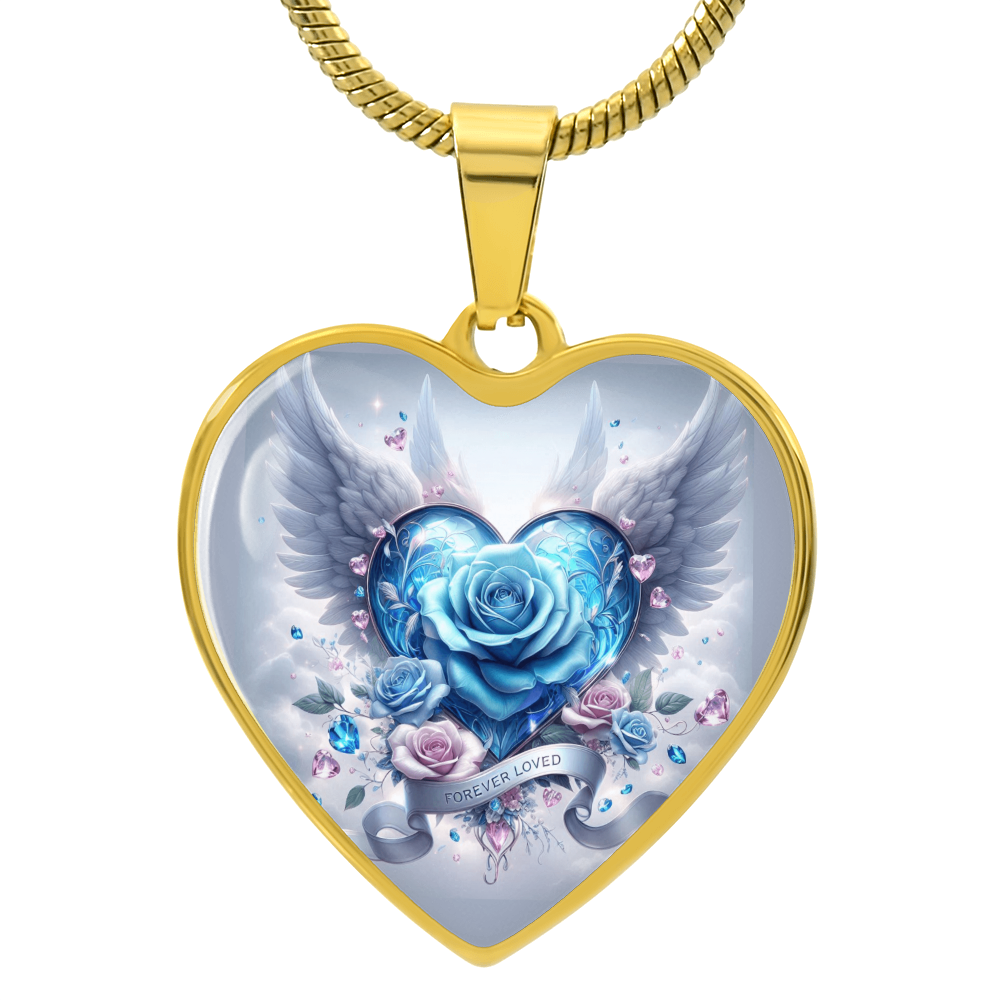 Gold heart-shaped pendant necklace with blue rose, angel wings, and delicate small flowers inside.