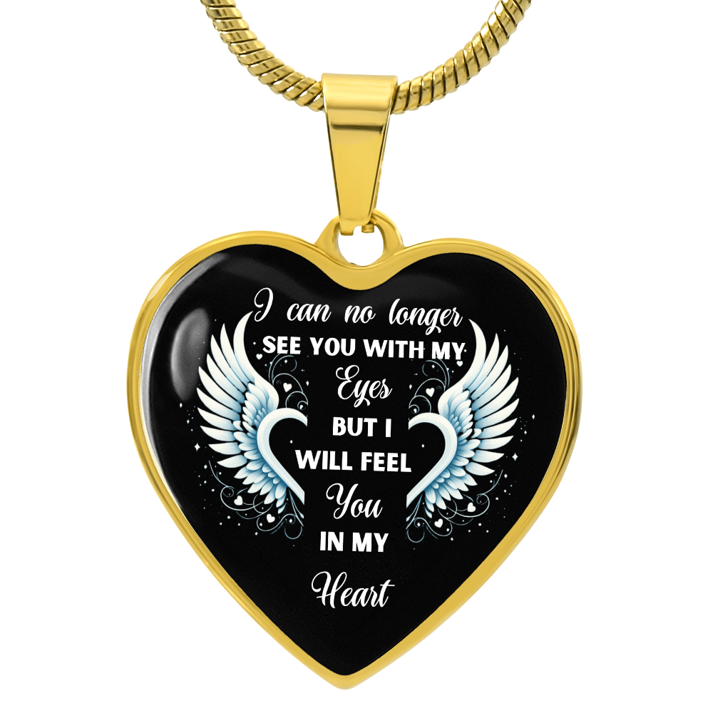 Gold heart-shaped pendant necklace with black background, white angel wings, and sentimental text design.
