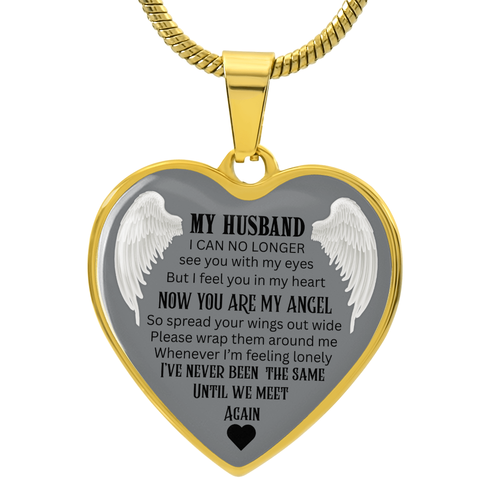 Luxury Graphic Heart Necklace My Husband Until We meet again black letters Angel Wings design