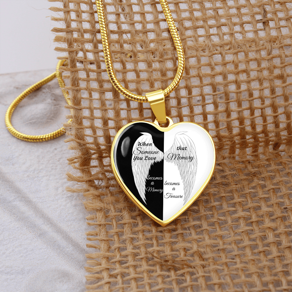 Luxury Graphic Heart Necklace Black and White with White Angel wings