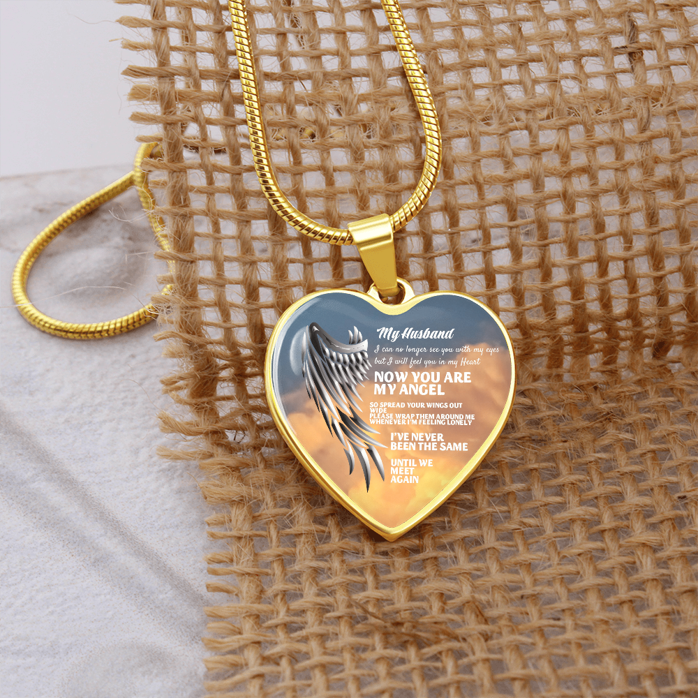 My Husband Now You Are My Angel Necklace, Heart Pendant Tribute, Memorial Jewelry, Keepsake Gift for Wife by ShineOn Fulfillment