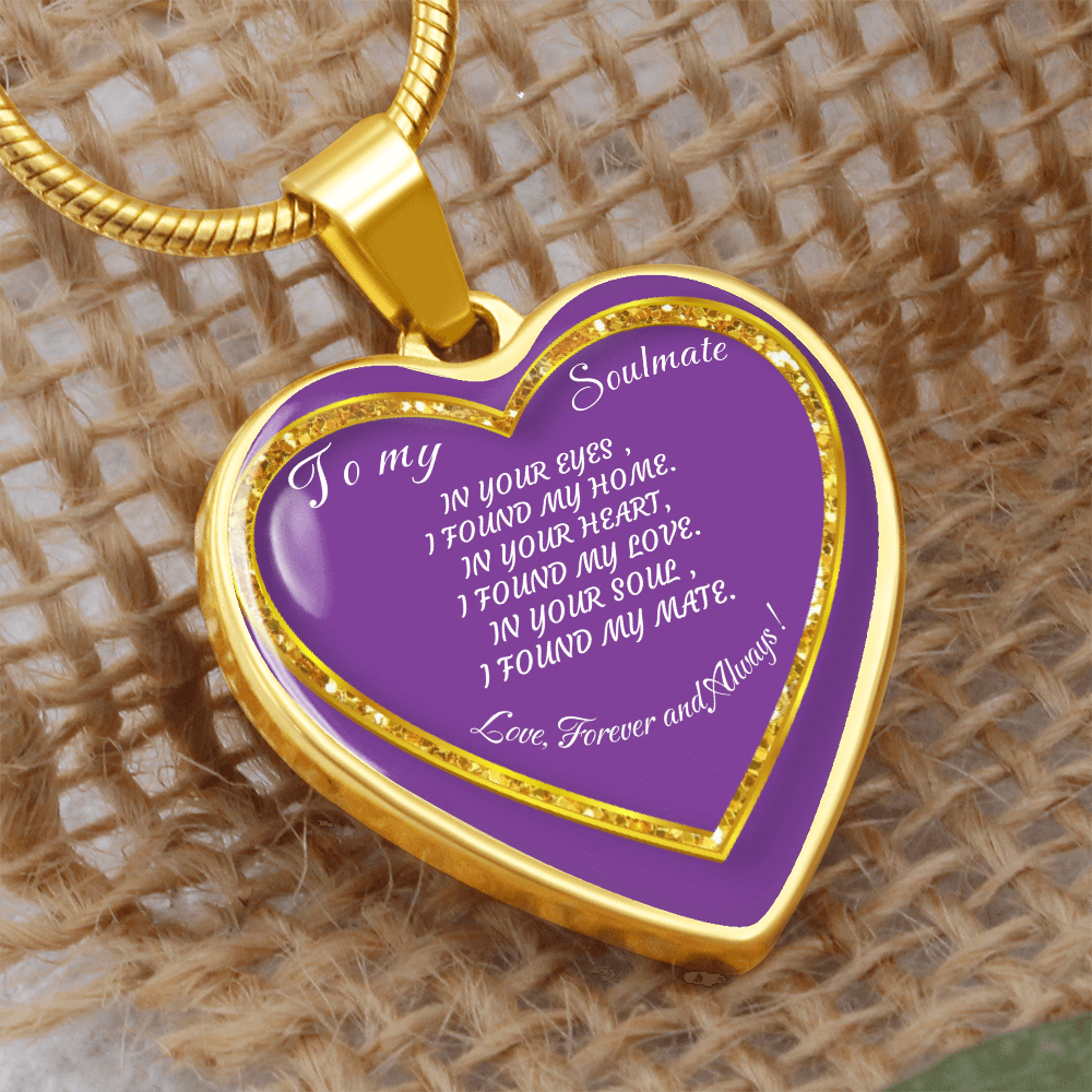 Gold heart-shaped pendant necklace with purple background. "To my Soulmate" text. Burlap background.