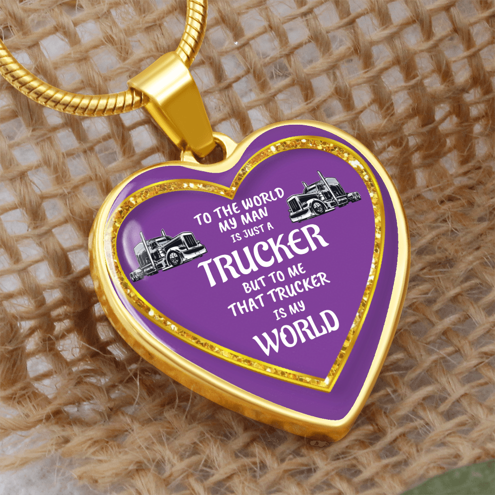 Heart-shaped purple and gold pendant necklace with "Trucker" text and truck images.