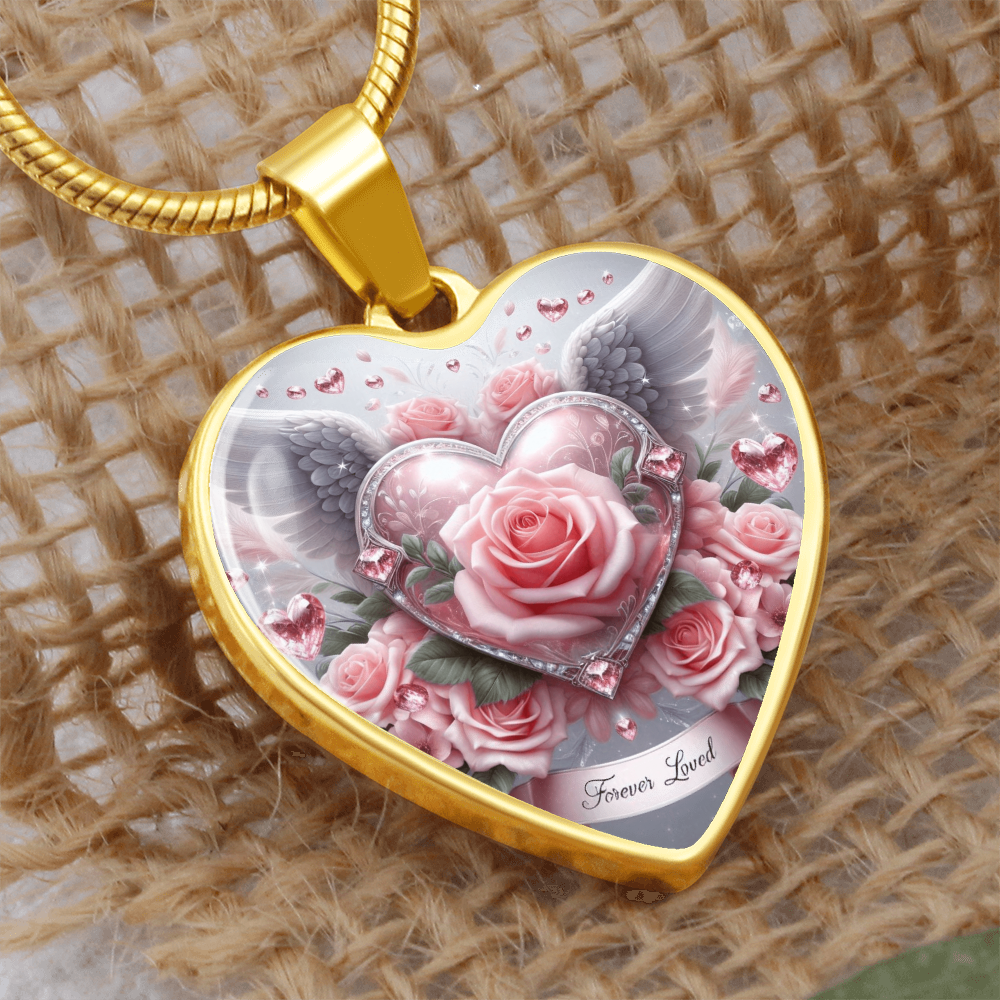 Luxury Graphic Heart Necklace Forever Love Pink Rose Angel Wings by ShineOn Fulfillment