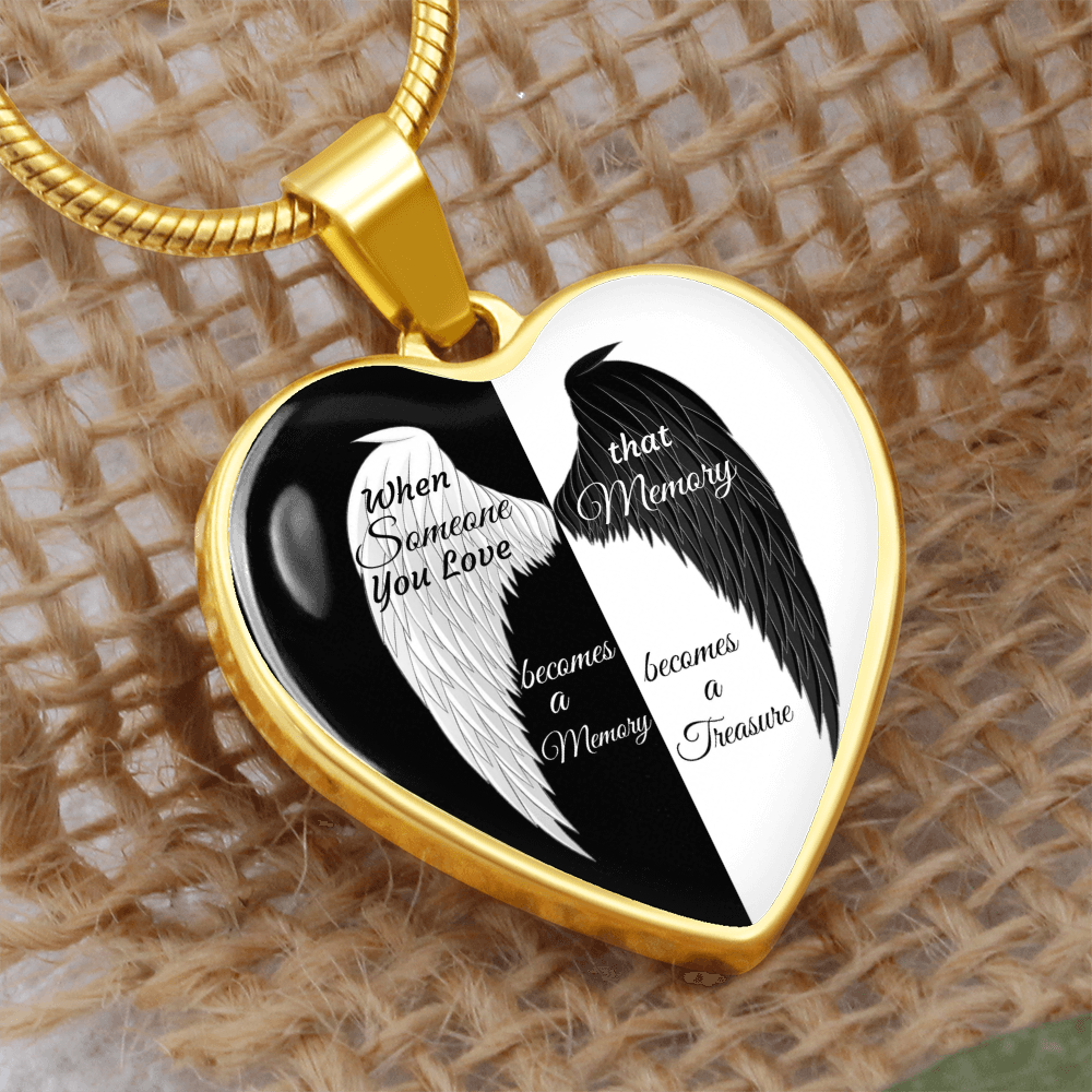 Luxury Graphic Heart Necklace When Someone You love becomes a Memory, black white Angel Wings