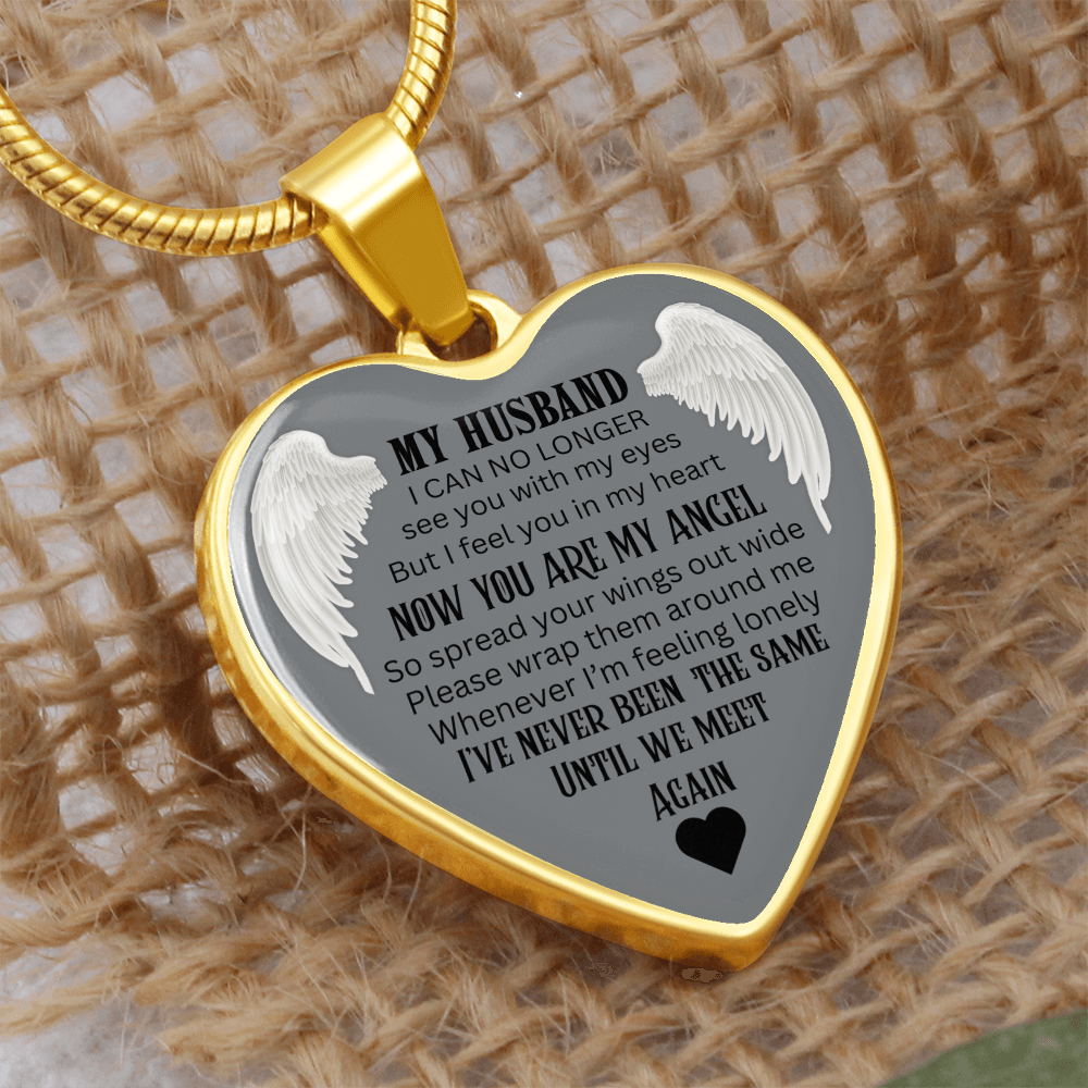 Luxury Graphic Heart Necklace My Husband Until We meet again black letters Angel Wings design