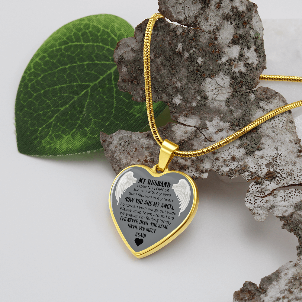 Luxury Graphic Heart Necklace My Husband Until We meet again black letters Angel Wings design