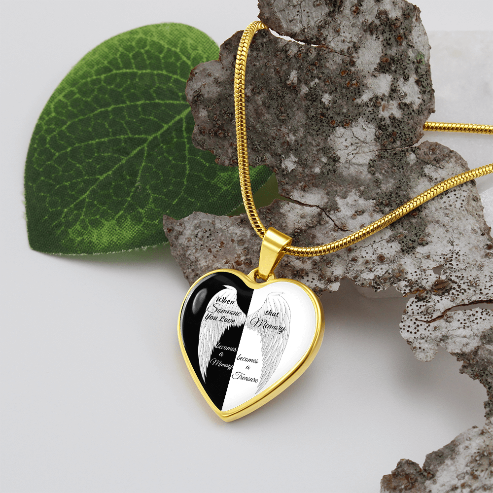 Luxury Graphic Heart Necklace Black and White with White Angel wings