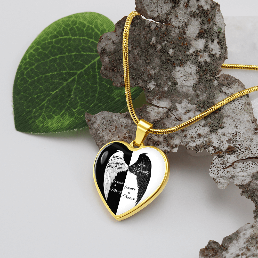 Luxury Graphic Heart Necklace When Someone You love becomes a Memory, black white Angel Wings