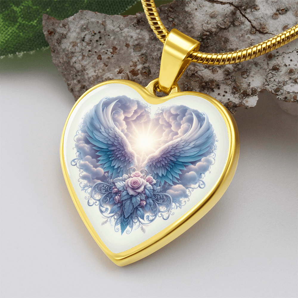 Gold heart-shaped pendant necklace featuring angel wings and floral graphic with radiant light center.