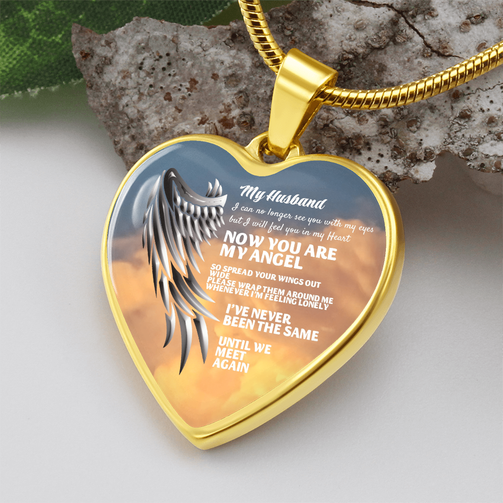 My Husband Now You Are My Angel Necklace, Heart Pendant Tribute, Memorial Jewelry, Keepsake Gift for Wife by ShineOn Fulfillment