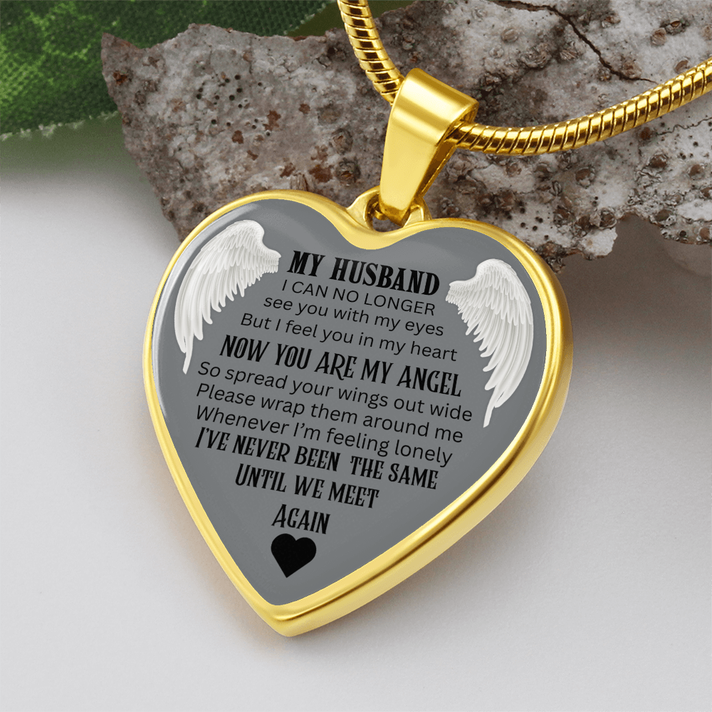 Luxury Graphic Heart Necklace My Husband Until We meet again black letters Angel Wings design