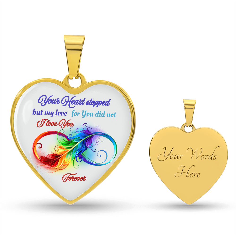 Gold heart-shaped pendant necklace with colorful infinity design and sentimental engraved text.
