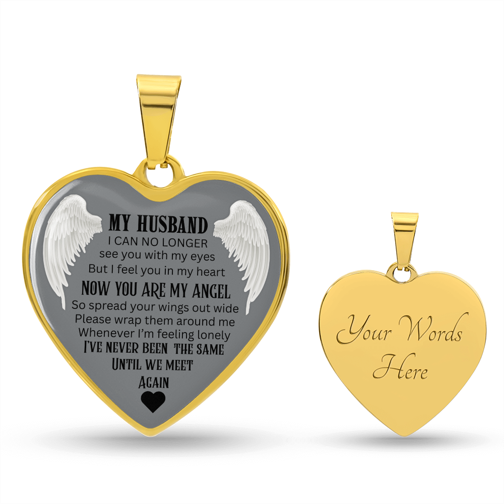 Luxury Graphic Heart Necklace My Husband Until We meet again black letters Angel Wings design