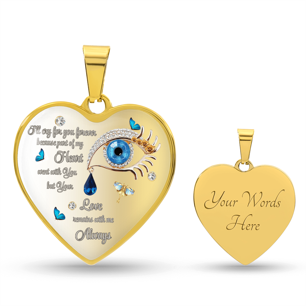 Two golden heart pendants, one with a crying eye design and the other with customizable text.