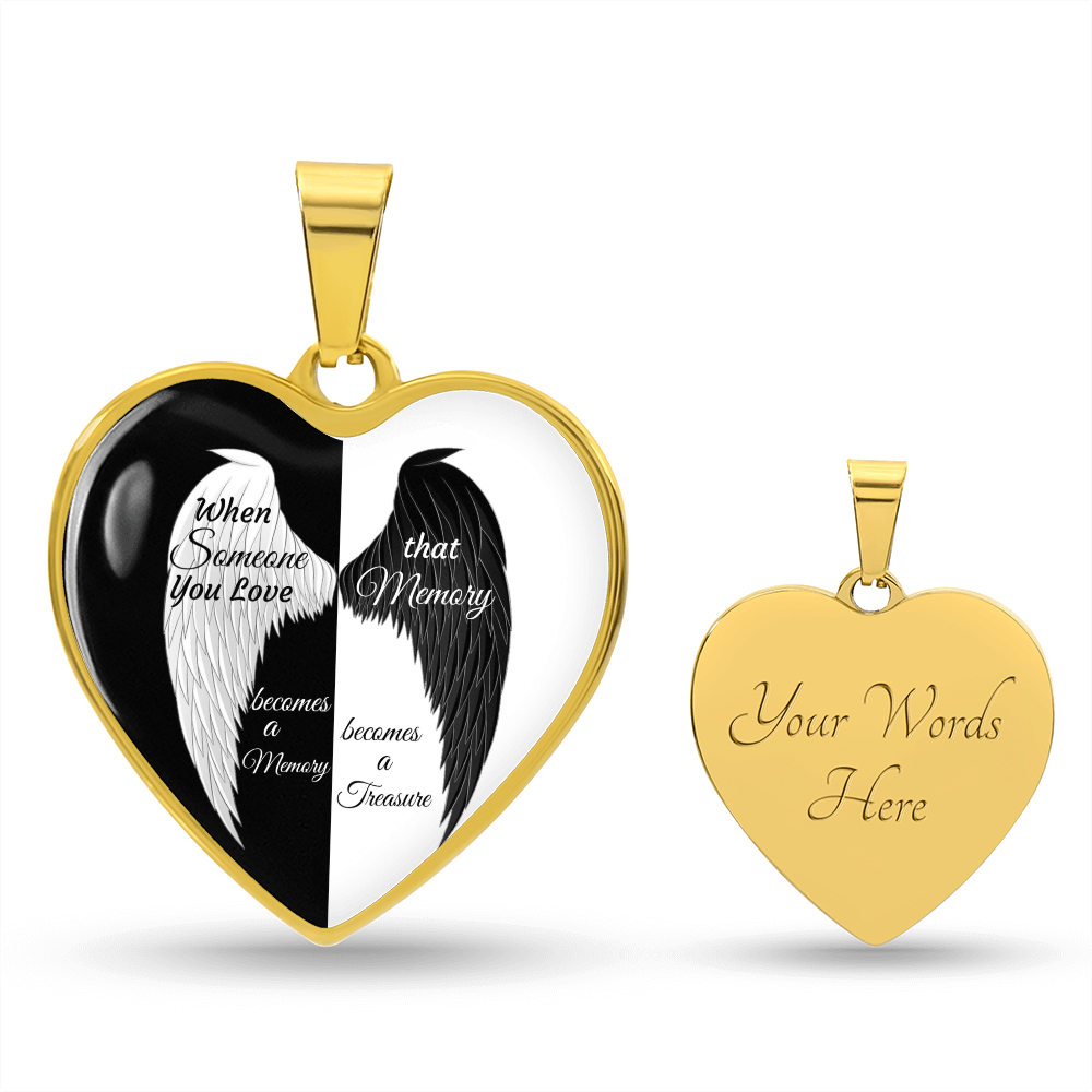 Luxury Graphic Heart Necklace When Someone You love becomes a Memory, black white Angel Wings