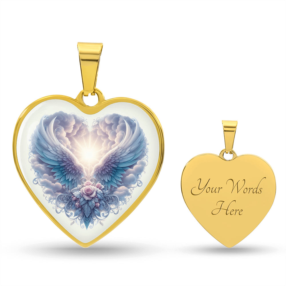 Gold heart-shaped pendant with angel wings and glowing light graphic on front, customizable engraved back.