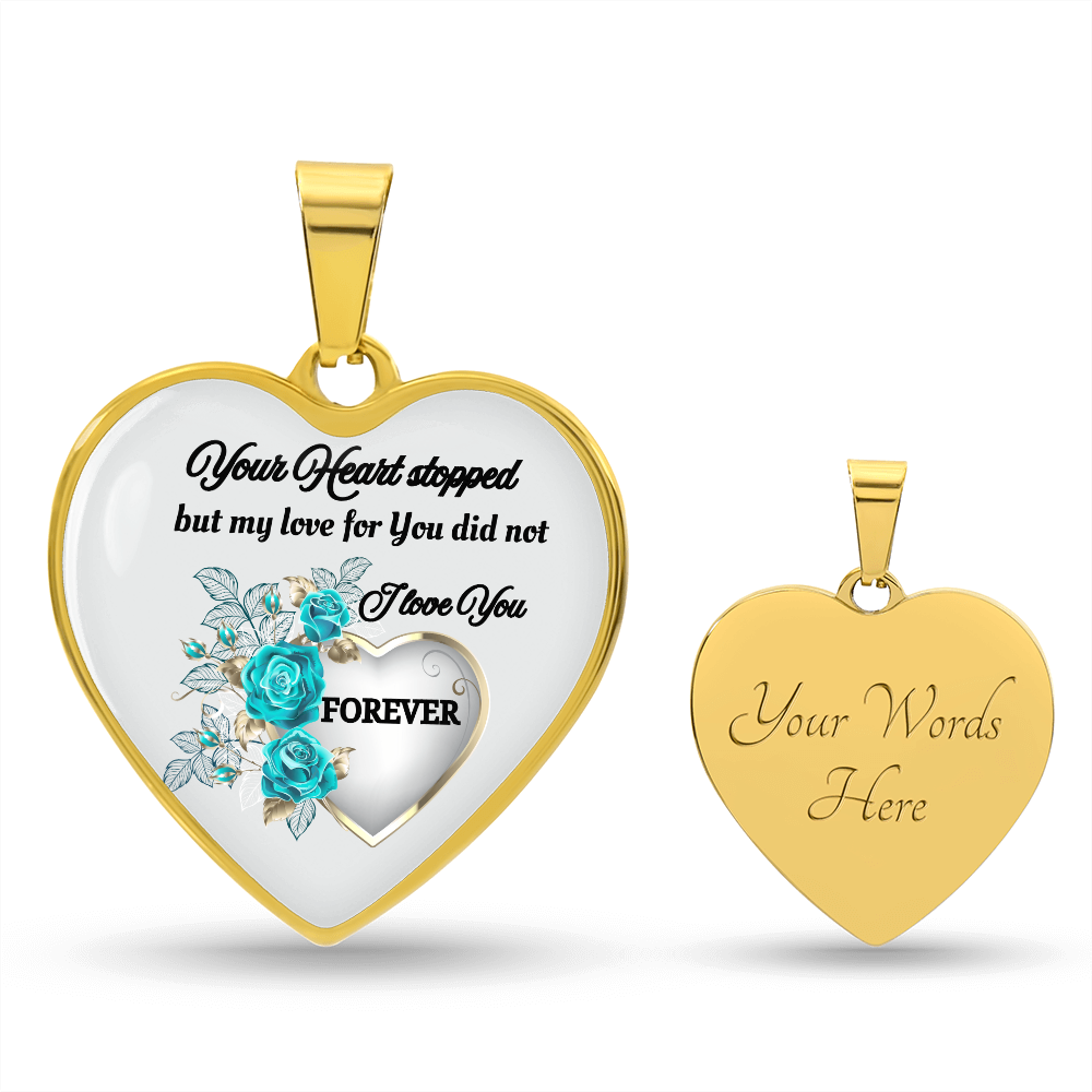 Gold heart pendant necklace with blue roses and engraved sentimental message, customizable back plate.