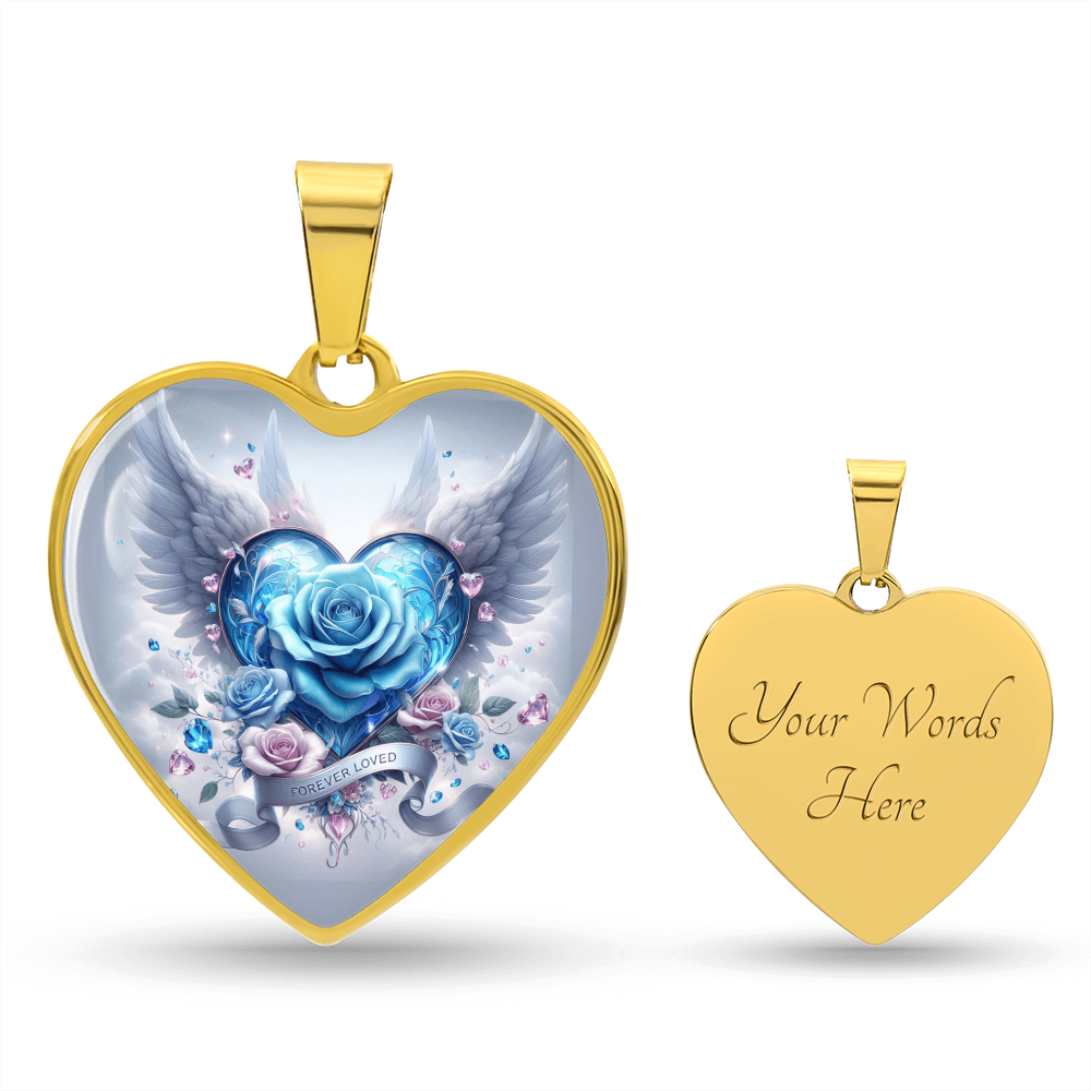 Gold heart pendant necklace with blue heart and angel wings design, customizable back engraving.