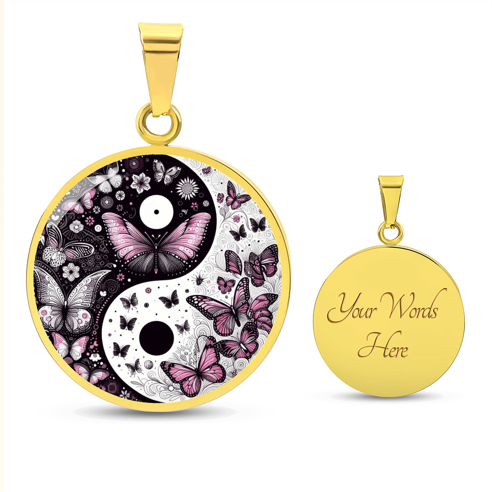 Gold circular pendant featuring a yin yang design with violet butterflies and floral accents, engraved customizable back.