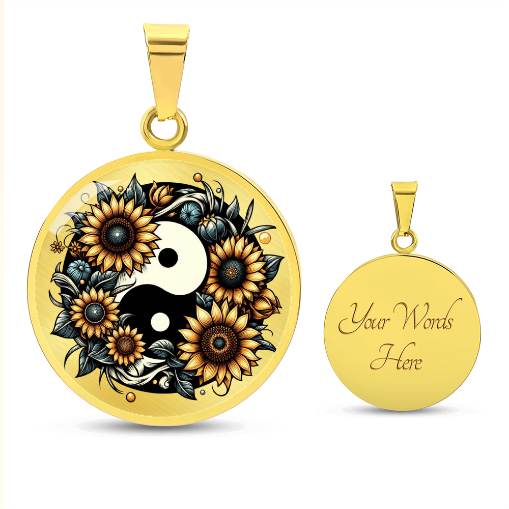 Gold round pendant necklace featuring yin yang symbol surrounded by detailed sunflowers, front and back shown with.