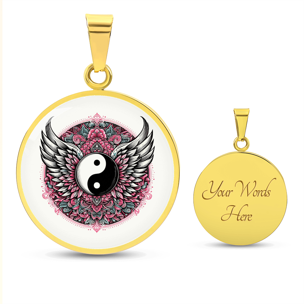 Gold circle pendant necklace featuring black and white yin yang with silver angel wings and intricate pink floral mandala.